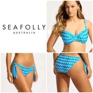 🆕 Seafolly 👙 US 6 • SOUNDWAVE • F Cup Underwire Bikini Top • Hipster Tie Side